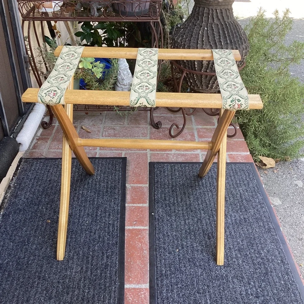 Vintage Wood Folding Luggage Rack Floral Tapestry Straps Natural Finish Stand